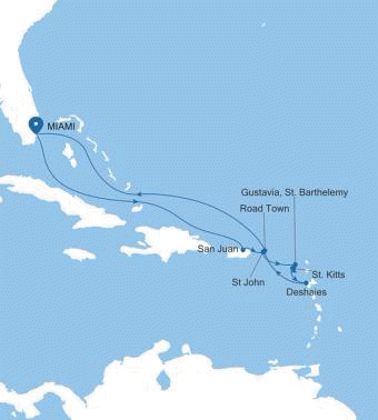 Silversea Cruises Silver Ray Map 2027 Miami, FL to Miami, FL