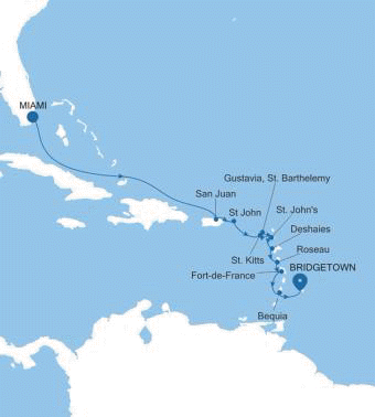 Silversea Cruises Silver Ray Map 2027 Miami, FL to Bridgetown