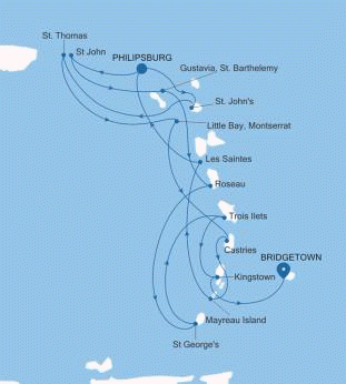 Silversea Cruises Silver Shadow Map 2026 Philipsburg, St. Maarten to Bridgetown