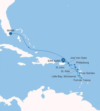 Silversea Cruises Silver Shadow Map 2026 Miami, FL to San Juan