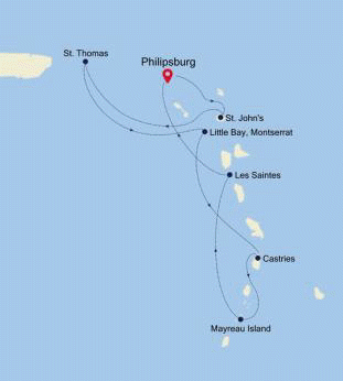 Silversea Cruises Silver Shadow Map 2026 Philipsburg, St. Maarten to Philipsburg, St. Maarten