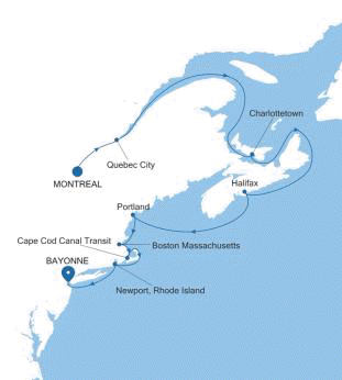 Silversea Cruises Silver Shadow Map 2026 Montreal to Bayonne, New Jersey