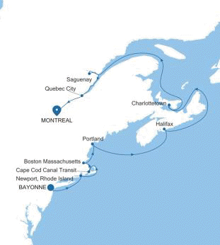 Silversea Cruises Silver Shadow Map 2026 Bayonne, New Jersey to Montreal