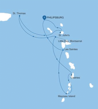 Silversea Cruises Silver Shadow Map 2026 Philipsburg, St. Maarten to Philipsburg, St. Maarten