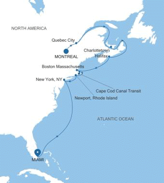 Silversea Cruises Silver Shadow Map 2026 Montreal to Miami, FL