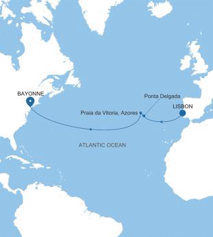 Silversea Cruises Silver Shadow Map 2026 Lisbon to Bayonne, New Jersey