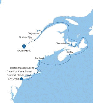 Silversea Cruises Silver Shadow Map 2026 Bayonne, New Jersey to Montreal