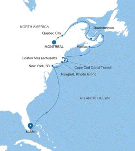 Silversea Cruises Silver Shadow Map 2027 Montreal to Miami, FL