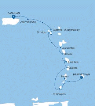 Silversea Cruises Silver Shadow Map 2027 Bridgetown to San Juan