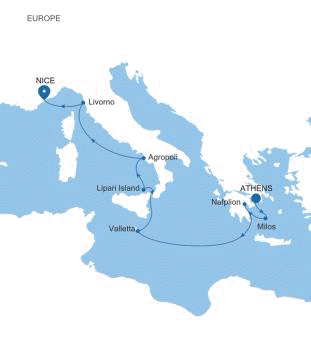 Silversea Cruises Silver Shadow Map 2028 Athens (Piraeus) to Nice