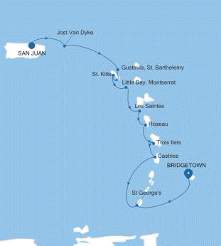 Silversea Cruises Silver Shadow Map 2027 San Juan to Bridgetown