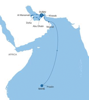 Silversea Cruises Silver Shadow Map 2028 Mahe to Dubai