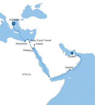 Silversea Cruises Silver Shadow Map 2028 Dubai to Athens (Piraeus)