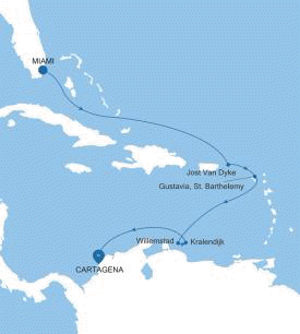 Silversea Cruises Silver Shadow Map Miami, FL to Cartagena