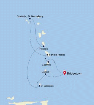 Silversea Cruises Silver Spirit Map 2026 Bridgetown to Bridgetown