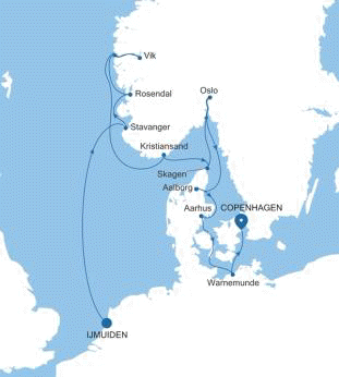 Silversea Cruises Silver Spirit Map 2026 Ijmuiden (Amsterdam) to Copenhagen