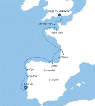 Silversea Cruises Silver Spirit Map 2026 Southampton to Lisbon