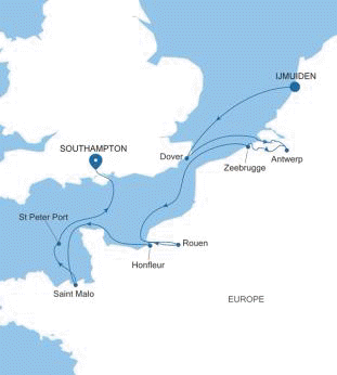 Silversea Cruises Silver Spirit Map 2026 Ijmuiden (Amsterdam) to Southampton
