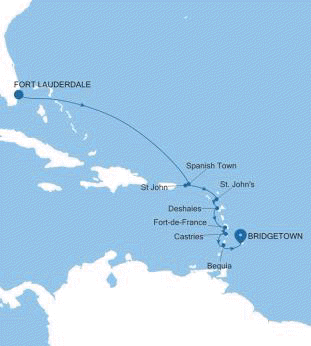 Silversea Cruises Silver Spirit Map 2026 Fort Lauderdale, Florida to Bridgetown