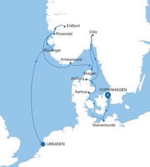 Silversea Cruises Silver Spirit Map 2026 Ijmuiden (Amsterdam) to Copenhagen