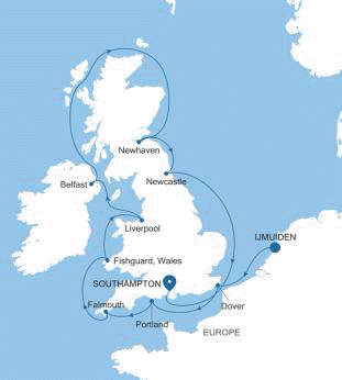 Silversea Cruises Silver Spirit Map 2026 Ijmuiden (Amsterdam) to Southampton