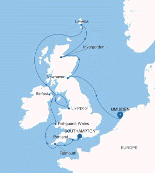 Silversea Cruises Silver Spirit Map 2026 Southampton to Ijmuiden (Amsterdam)