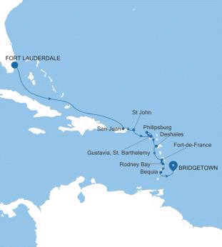 Silversea Cruises Silver Spirit Map 2026 Fort Lauderdale, Florida to Bridgetown