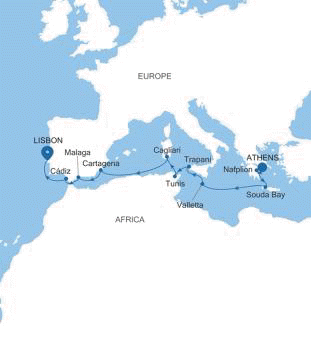 Silversea Cruises Silver Spirit Map 2026 Athens (Piraeus) to Lisbon