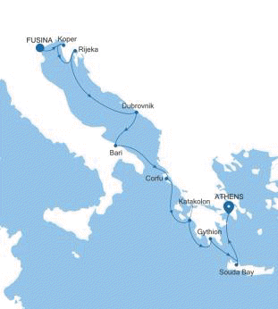Silversea Cruises Silver Spirit Map 2026 Fusina (Venice) to Athens (Piraeus)