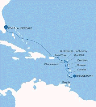 Silversea Cruises Silver Spirit Map 2026 Bridgetown to Fort Lauderdale, Florida