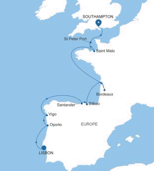 Silversea Cruises Silver Spirit Map 2026 Lisbon to Southampton