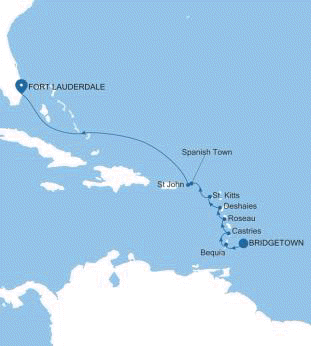 Silversea Cruises Silver Spirit Map 2026 Bridgetown to Fort Lauderdale, Florida