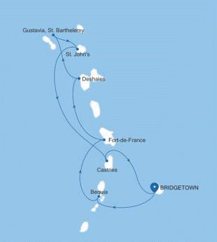 Silversea Cruises Silver Spirit Map 2026 Bridgetown to Bridgetown