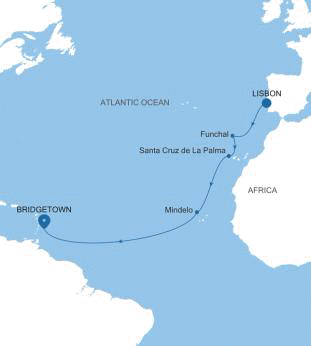 Silversea Cruises Silver Spirit Map 2026 Lisbon to Bridgetown
