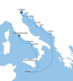 Silversea Cruises Silver Spirit Map 2026 Civitavecchia (Rome) to Fusina (Venice)
