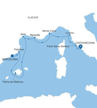 Silversea Cruises Silver Spirit Map 2026 Barcelona to Civitavecchia (Rome)