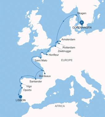 Silversea Cruises Silver Spirit Map 2027 World Cruise Lisbon to Copenhagen