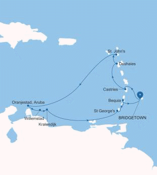 Silversea Cruises 2027 Silver Spirit Map Bridgetown to Bridgetown