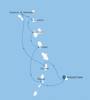 Silversea Cruises 2027 Silver Spirit Map Bridgetown to Bridgetown