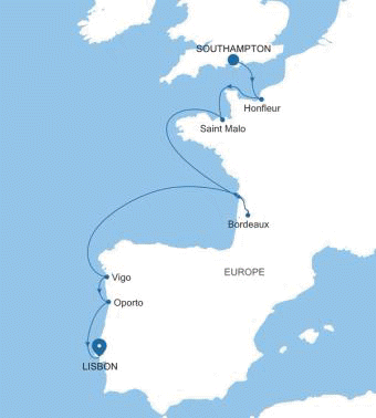 Silversea Cruises Silver Spirit Map 2027 World Cruise Southampton to Lisbon