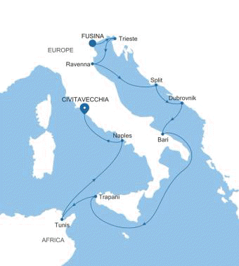 Silversea Cruises Silver Spirit Map 2027 World Cruise Fusina (Venice) to Civitavecchia (Rome)