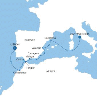 Silversea Cruises Silver Spirit Map 2027 World Cruise Civitavecchia (Rome) to Lisbon