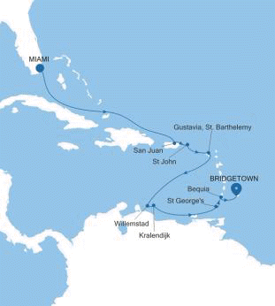Silversea Cruises 2027 Silver Spirit Map Miami, FL to Bridgetown