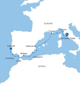 Silversea Cruises Silver Spirit Map 2027 World Cruise Lisbon to Civitavecchia (Rome)