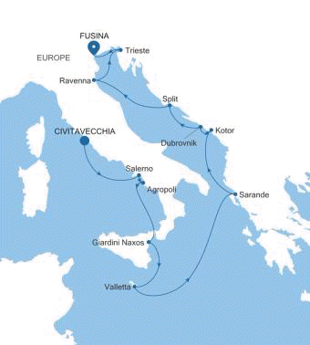 Silversea Cruises Silver Spirit Map 2027 World Cruise Civitavecchia (Rome) to Fusina (Venice)
