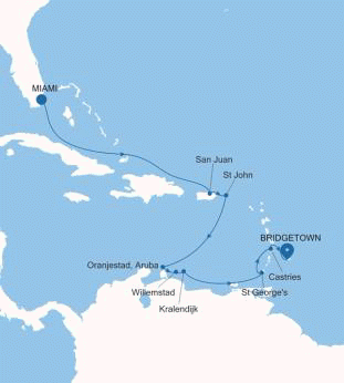 Silversea Cruises 2027 Silver Spirit Map Miami, FL to Bridgetown