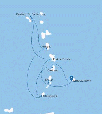 Silversea Cruises Silver Spirit Map 2028 World Cruise Bridgetown to Bridgetown