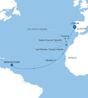 Silversea Cruises Silver Spirit Map 2028 World Cruise Bridgetown to Lisbon