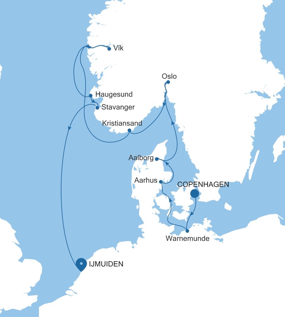 Silver Spirit Copenhagen to Ijmuiden (Amsterdam) voyage SL260804012 itinerary map