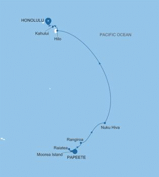 Silversea Cruises Silver Whisper 2027 Map Papeete (Tahiti) to Honolulu, Oahu, Hawaii